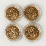 FOUR 2013 FULL SOVEREIGNS GOLD COINS IN MINT CONDITION