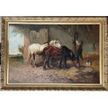 Henry Schouten (1864-1927). Oil on canvas. “Two Horses and a Farm Hand in a Barn”. Signed.