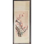 CHINESE HANGING SCROLL PAINTING ON PAPER OF TWO SMALL SONGBIRDS PERCHING ON A BRANCH OF PLUM BLOSSOM