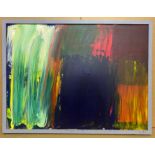 AN ABSTRACT PAINTING IN OIL ON BOARD, FRAMED BY TERENCE HOWE