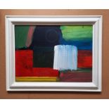 AN ABSTRACT PAINTING IN OIL ON CANVAS, FRAMED BY TERENCE HOWE