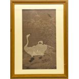 A LARGE JAPANESE PRINT WITH TWO GEESE IN A BAMBOO GROVE, A KINGFISHER FLYING OVERHEAD