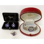 18CT GOLD GENTS JEWELLERY SET - DIAMOND ENCRUSTED WATCH, CUFFLINKS & RING