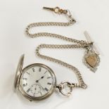 HM SILVER BENSON FULL HUNTER POCKET WATCH WITH SILVER ALBERT CHAIN & FOB