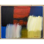 AN ABSTRACT PAINTING IN OIL ON BOARD, FRAMED BY TERENCE HOWE