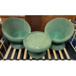 TWO GREEN WICKER CHAIRS & TABLE