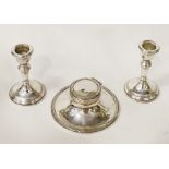 TWO HM SILVER CANDLESTICKS WITH HM SILVER INKWELL
