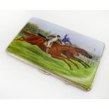 SILVER ENAMELLED CIGARETTE CASE DEPICTING HORSE RACING SCENE