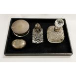 4 H/M SILVER ITEMS, PERFUME BOTTLE, SUGAR SHAKER, ASHTRAY & DRESSING TABLE LIDDED JAR