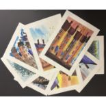 GROUP OF WATERCOLOURS - SMALL COLOURFUL TOWN - 8 PIECES 16 X 24.5CM (A4) BY J NDOX