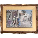 C DE FILLIPPI WATERCOLOUR - ORIENTAL STREET SCENE WITH CARPET SELLERS - SIGNED 36CM X 52CM - VERY