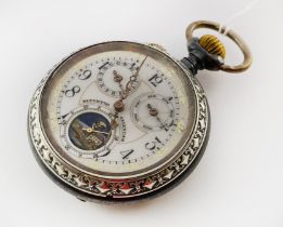 GUN METAL MOONPHASE SKELETON POCKET WATCH , PATENTED CALENDAR