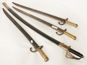 3 FRENCH BAYONETS WITH AN INDIAN SWORD