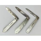 THREE VICTORIAN STERLING SILVER & MOTHER OF PEARL FOLDING POCKET FRUIT KNIVES