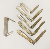 SIX ANTIQUE STERLING & MOTHER OF PEARL FOLDING POCKET FRUIT KNIVES - 4 VICTORIAN INCL. GEORGE UNITE