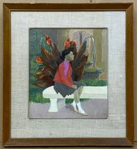 UNUSUAL PAINTING ON STONE / PANEL OF A WOMAN SITTING SIGNED WITH MONOGRAM M.J