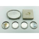 FOUR COASTERS & HM SILVER TRAY - 8 OZS APPROX