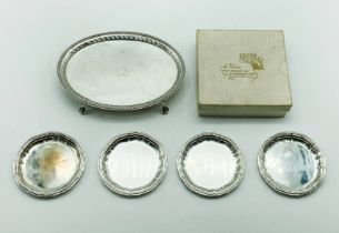 FOUR COASTERS & HM SILVER TRAY - 8 OZS APPROX