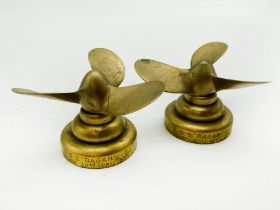 PAIR OF BRASS SHIP PROPELLER CAPS DESK PAPERWEIGHTS INSCRIBED T.S.S. BAGAN LAUNCHED 30th APRIL 1938