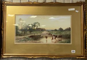 GILT FRAMED WATERCOLOUR BY R. TALBOT - CATTLE DRINKING AT RIVER