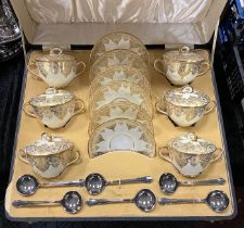 BOXED LIDDED SOUP SET WITH EPNS SPOONS