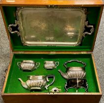 HALLMARKED SILVER VICTORIAN BOXED TEA SET WITH TRAY AND SPIRIT KETTLE BY ALEX CLARK