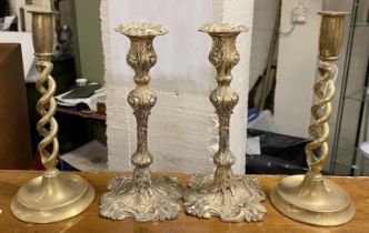 TWO ART NOUVEAU CANDLESTICKS & 2 OTHERS - 23 CMS (H) & 25 CMS (W) APPROX