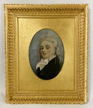 EARLY GILT FRAMED PAINTING ON PORCELAIN- PORTRAIT OF A YOUNG GENTLEMAN 10'' X 8.5''