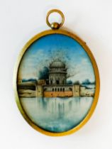 DELHI OVAL MINIATURE PAINTING DEPICTING AN ARCHITECTURAL SCENE