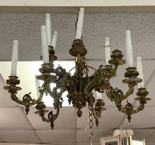 BRASS TEN BRANCH CEILING LIGHT WITH FRENCH CANDLE LIGHTS