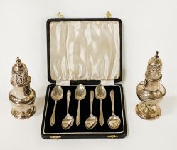 H/M SILVER PAIR OF SUGAR SIFTERS WITH A SET OF 6 TEASPOONS