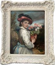WILLIAM OLIVER (1823-1901). OIL ON CANVAS. “YOUNG WOMAN HOLDING FLOWERS”. SIGNED