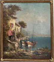 HEINRICH HARTUNG (1888-1966) GERMAN OIL ON CANVAS. “MEDITERRANEAN LAKE SCENE WITH BOATS AND HOUSES”