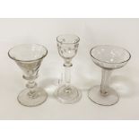 3 JACOBITE 18THC TOASTING DRINKING GLASSES - 2 ENGRAVED- 1 TO RIM ''WILLIAMS'' IN DIAMOND POINT OR