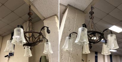 PAIR OF BRASS CHANDELIERS - 1 SHADE MISSING
