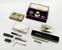 HM SILVER BOXED INKWELL SET WITH OTHER INTERESTING ITEMS - SOME SILVER