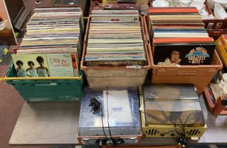 LP COLLECTION - 3 CRATES WITH 2 RETRO TURNTABLES