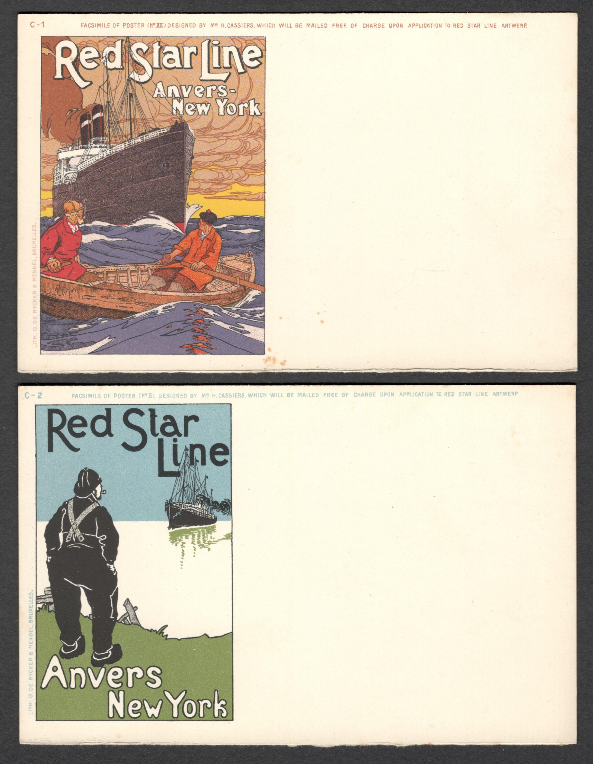 TWO POSTCARDS OF THE RED STAR LINE VINTAGE POSTER SERIES ANVERS - NEW YORK C1&C2