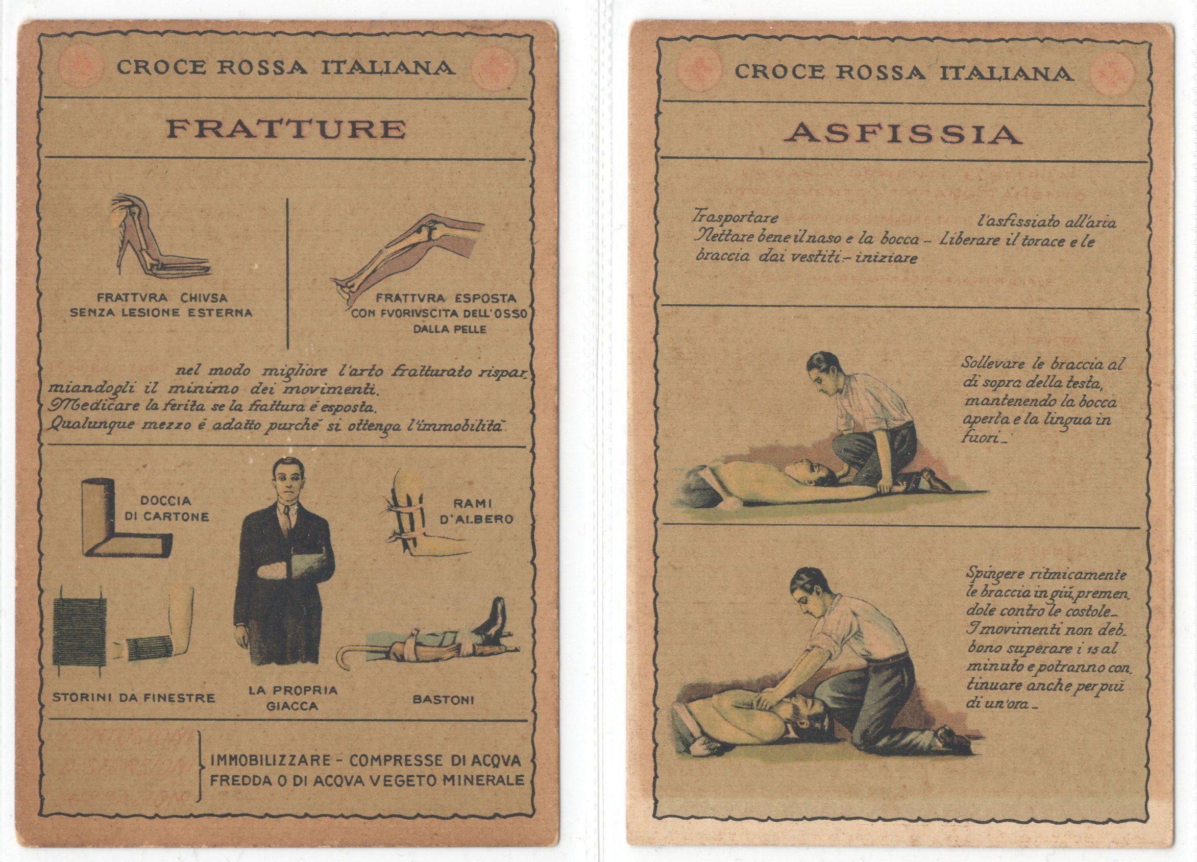 TWO VINTAGE ITALIAN RED CROSS POSTCARDS - CROCE ROSSA ITALIANA FRATTURE & ASFISSIA EDIZIONE COMITATO