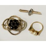 9 CT. GOLD PEARL RING, DIAMOND BROOCH & GARNET BROOCH 15.6 GRAMS APPROX