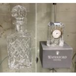 WATERFORD SIGNED CUT GLASS CRYSTAL DECANTER WITH A WATERFORD BOXED CRYSTAL CLOCK & A WATERFORD