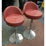 2 CHROME RED LEATHER RISE & FALL TOP ROTATING BAR STOOLS