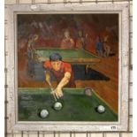 TIGRAN MANGASARYAN (BORN IN ARMENIA 1956) SNOOKER PLAYERS - 1979 OIL ON BOARD 50CM X 50CM