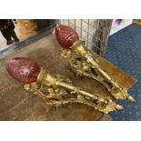 PAIR OF BRONZE GILT WALL LIGHT, CUT GLASS CRANBERRY WITH FLAME SHADES