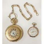 HALF HUNTER WALTHAM POCKET WATCH WITH SMALL SILVER FOB WATCH