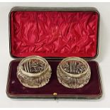 PAIR OF GLASS, STERLING SILVER TOPPED SALTS IN BOX - 5CMS (H) APPROX