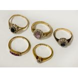 FIVE 9CT GOLD RINGS WITH DIAMONDS & SAPPHIRE - 11.6 GRAMS APPROX
