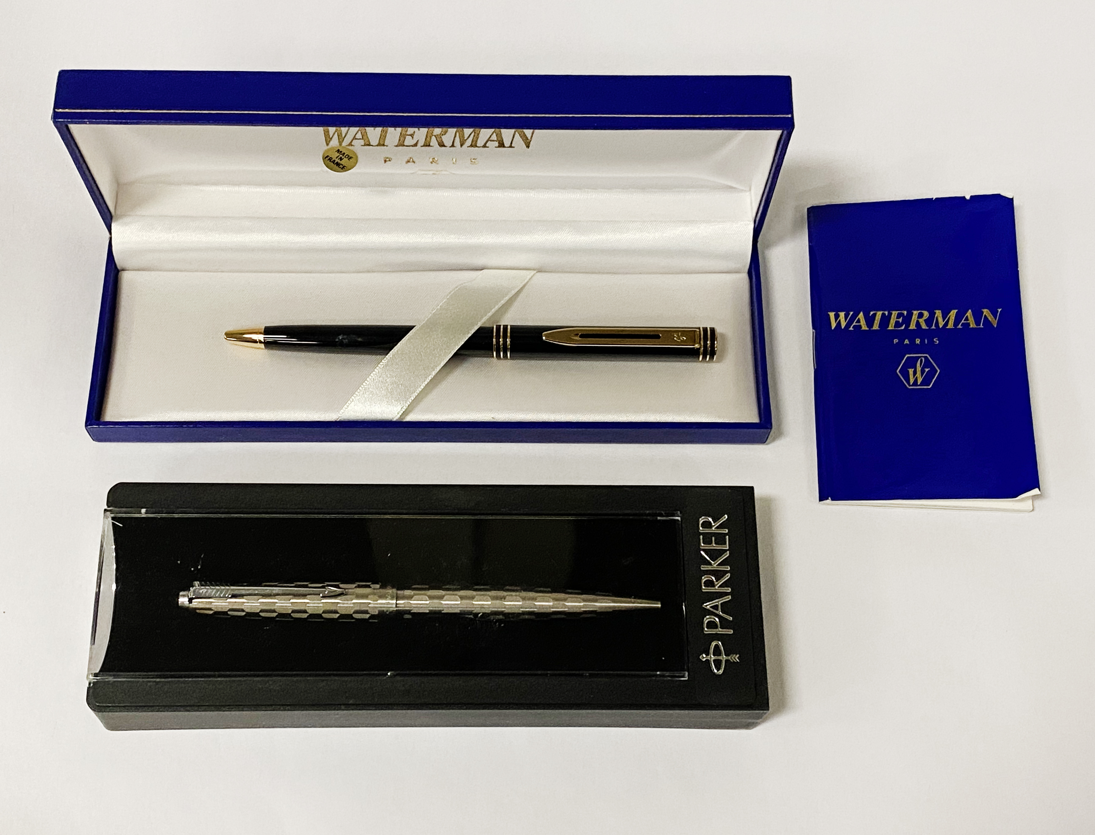 WATERMAN ROLLER BALL PEN IN ORIGINAL BOX WITH PAPERS WITH A PARKER HARLEQUIN PEN