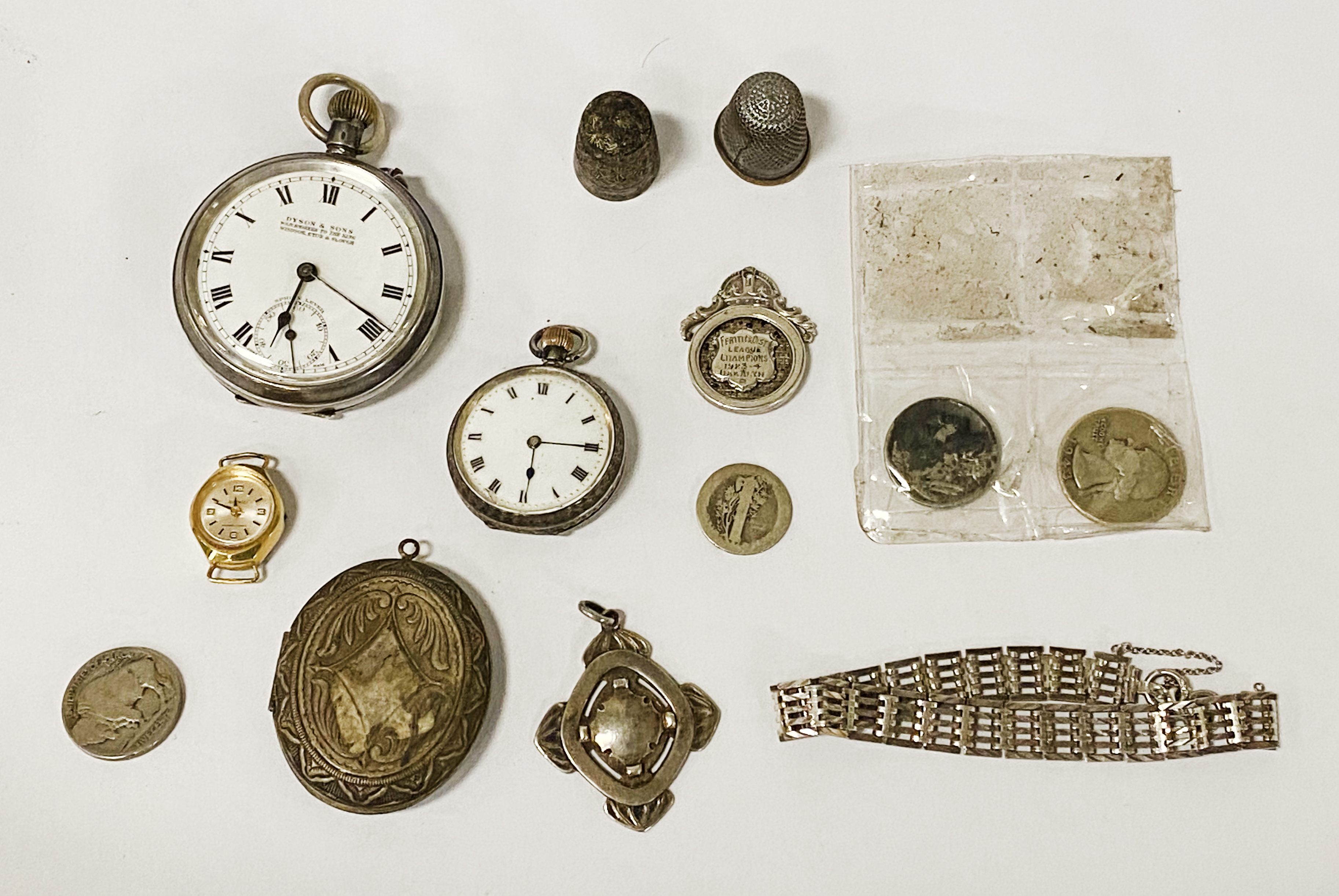 TWO SILVER POCKET WATCHES & ANOTHER WITH A LADIES WATCH & SILVER GATE BRACELET ETC