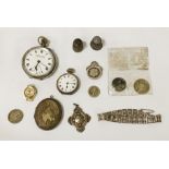 TWO SILVER POCKET WATCHES & ANOTHER WITH A LADIES WATCH & SILVER GATE BRACELET ETC